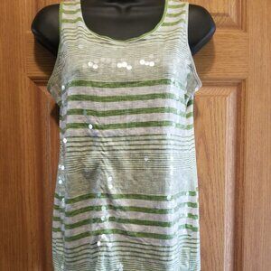 Cato Sleeveless Scoop Neck Tank Top White/Green Stripes & Sequins Size S…